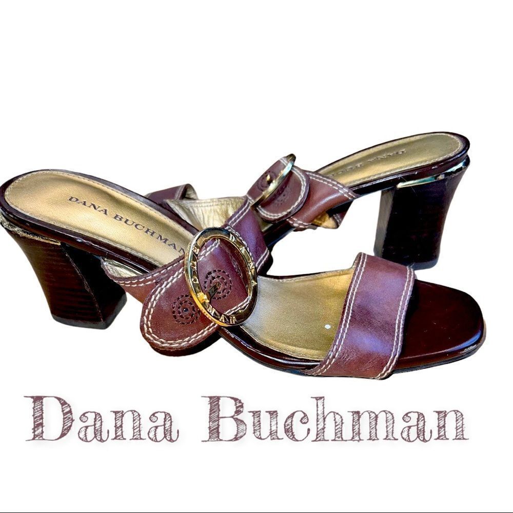 Womens DANA BUCHMAN "Evia" Brown Leather Slip On Sandals Block Heel Size 8M